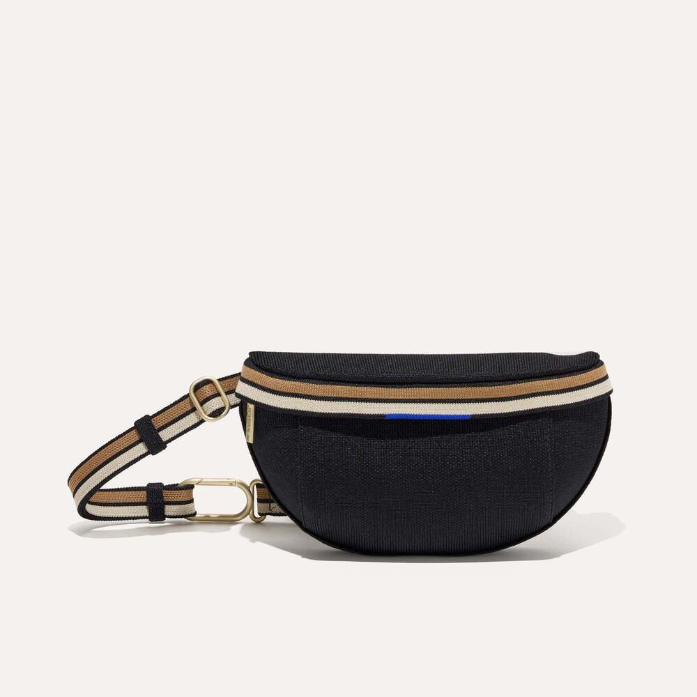 Rothy's Black Crossbody Belt Bag with Tan and Cream Strap